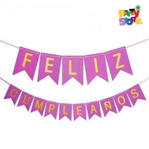 BANDERIN *FELIZ CUMPLEAÑOS* VIOLETA, LETRAS STAMPING DORADO