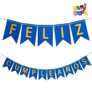 BANDERIN *FELIZ CUMPLEAÑOS* GLITTER AZUL, LETRAS STAMPING DORADO