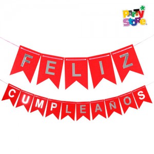BANDERIN *FELIZ CUMPLEAÑOS* GLITTER ROJO, LETRAS PLATEADAS