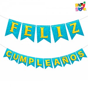 BANDERIN FELIZ CUMPLEAÑOS GLITTER CELESTE