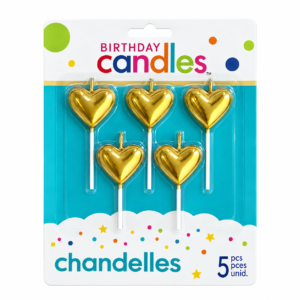 PACK DE 5 VELAS MODELO CORAZON EN BLISTER DORADO