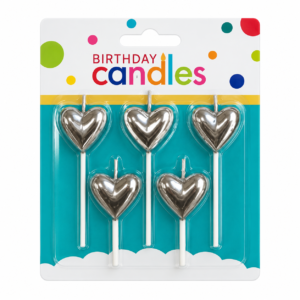 PACK DE 5 VELAS MODELO CORAZON EN BLISTER PLATEADO