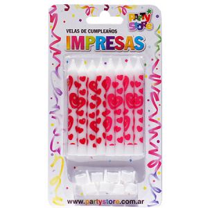 VELAS IMPRESAS BLANCAS C/ CORAZONES ROJOS Y MAGENTAS - Blister x 8 u