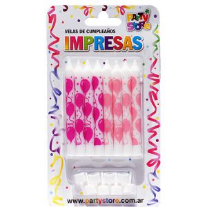 VELAS IMPRESAS BLANCAS GLOBOS ROSAS Y MAGENTAS - Blister x 8 u