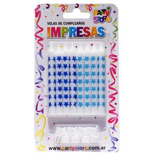 VELAS IMPRESAS BLANCAS C/ ESTRELLAS AZULES Y CELESTES - Blister x 8u