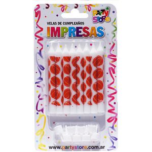 VELAS IMPRESAS BLANCAS CON PELOTAS DE BASKET - Blister x 8 u