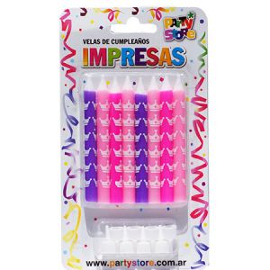 VELAS IMPRESAS VIOLETAS MAGENTAS Y ROSAS C/ CORONA - Bl x 8u