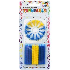 VELAS TORNEADAS AZULES Y AMARILLAS C/12 BASES - Blister x 24 u