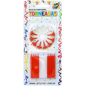 VELAS TORNEADAS ROJAS Y BLANCAS C/12 BASES - Blister x 24 u