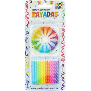 VELAS RAYADAS MULTICOLORES C/12 BASES - Blister x 24 u