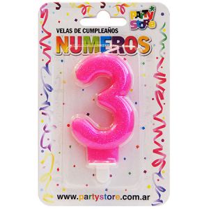 VELA NUMERO ROSA BRILLOS Nº3