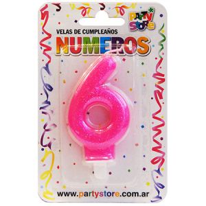 VELA NUMERO ROSA BRILLOS Nº6