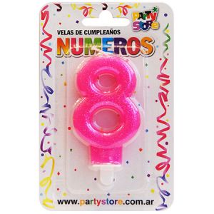 VELA NUMERO ROSA BRILLOS Nº8