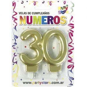VELA NUMERO DOBLE METALIZADA DORADA 30 AÑOS