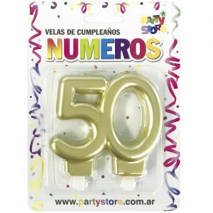 VELA NUMERO DOBLE METALIZADA DORADA 50 AÑOS