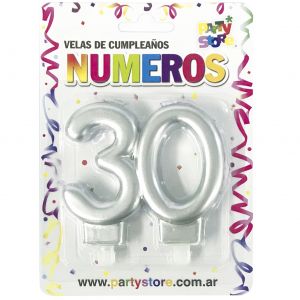 VELA NUMERO DOBLE METALIZADA PLATEADA 30 AÑOS