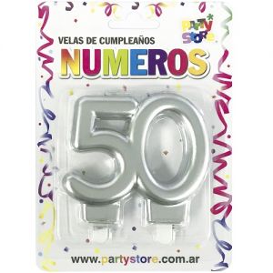 VELA NUMERO DOBLE METALIZADA PLATEADA 50 AÑOS