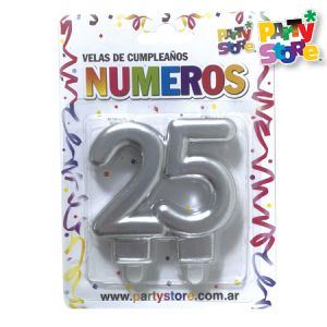 VELA NUMERO DOBLE METALIZADA PLATEADA 25 AÑOS