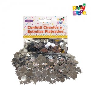 CONFETTI CIRCULOS Y ESTRELLAS PLATEADOS