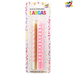 VELAS LARGAS IMPRESAS ROSAS LUNARES, RAYAS Y DORADAS -Blister x 10un