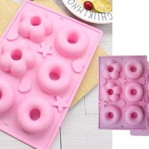 MOLDE SILICONA p/6 DONAS FORMAS DIFERENTES CON ESTRELLAS Y CORAZONES